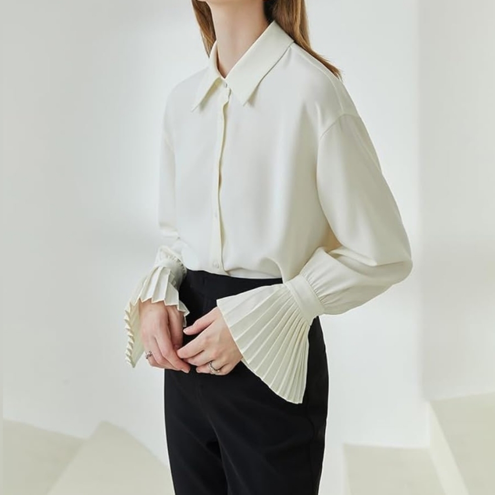 Commense Cream Button Down Shirt with Pleated Sleeves XS NWT